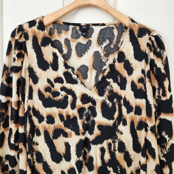 River Island Leopard Print V-Neck Long Sleeve Babydoll Dress Flowy Sexy Size 10 - Picture 3 of 7